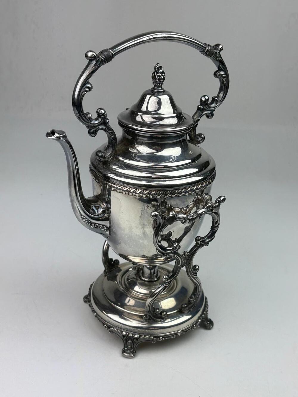 Vintage Wm Rogers Silver Plated Tilting Teapot Kettle, Stand & Burner Set